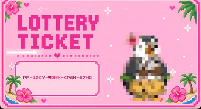 A pink-themed lottery ticket displaying 'LOTTERY TICKET' and the code 'PF-1GCY-WDNN-CP6N-67HQ' alongside a pixelated character.