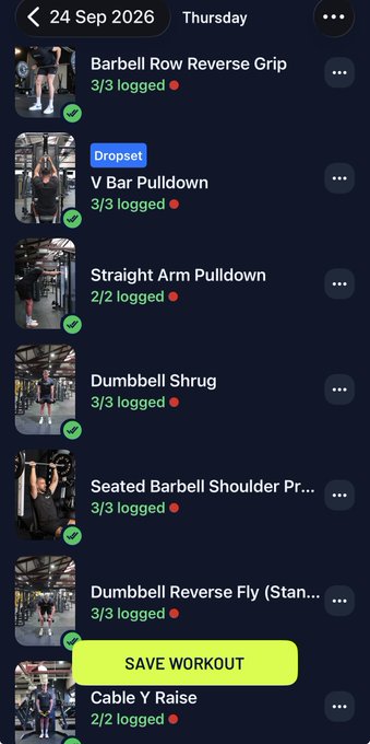 A fitness app screenshot showing a workout log for '24 Sep 2026 Thursday' with exercises including 'Barbell Row Reverse Grip', 'V Bar Pulldown', 'Straight Arm Pulldown', 'Dumbbell Shrug', 'Seated Barbell Shoulder Pr...', 'Dumbbell Reverse Fly', and 'Cable Y Raise', along with a 'SAVE WORKOUT' button.