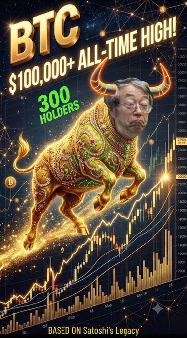 A promotional graphic depicting a bull adorned in golden armor with Satoshi Nakamoto's face, celebrating BTC reaching $100,000+ all-time high with '300 Holders' and 'Based on Satoshi's Legacy' text.