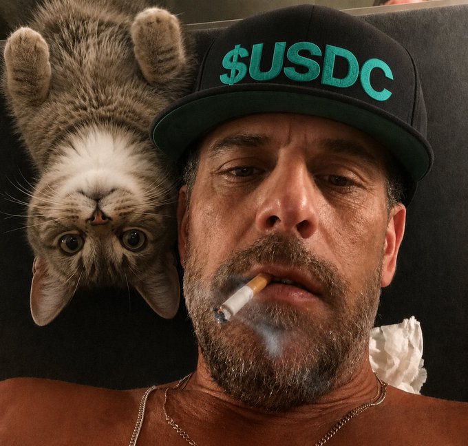 The image features a man with a beard holding a cigarette, while his cat is sitting behind him. A caption below the photo reads "wow seeing $USDC supporters on TL everywhere", indicating that the man's cat might be associated with or supporting the USDC campaign.