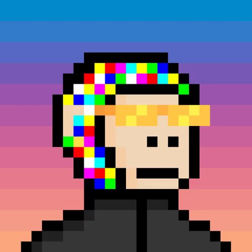 A pixel art character with blonde hair, a colorful rainbow pixelated headpiece, and a black outfit against a pink-to-blue gradient background.