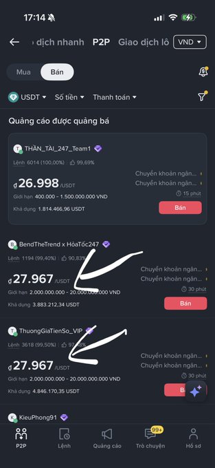 A screenshot of Binance P2P showing USDT/VND buy/sell listings around 26,998–27,967 VND, with white arrows pointing to a couple of the exchange rates. The rates support the post's claim that USDT has dropped significantly from the previous high of 28k VND.