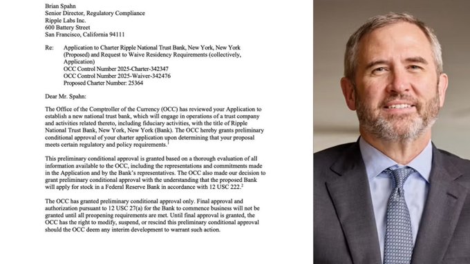 A letter from the Office of the Comptroller of the Currency (OCC) addressed to Brian Spahn of Ripple Labs Inc., granting preliminary conditional approval for Ripple National Trust Bank (Application OCC Control Number 2025-Charter-342347), alongside a professional headshot of a suited man. The image visually supports the announcement that Ripple has secured a U.S. banking license through its new national trust bank.