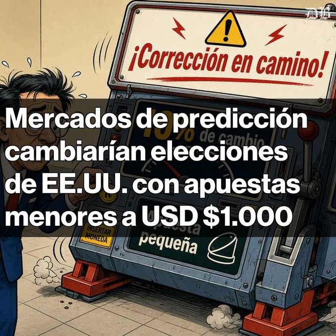 A cartoon-style graphic featuring a worried man looking at a malfunctioning slot machine, overlaid with Spanish text reading "Mercados de predicción cambiarían elecciones de EE.UU. con apuestas menores a USD $1.000" and a machine sign saying "¡Corrección en camino!"