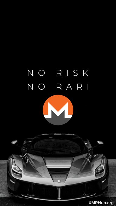 Black background with a silver sports car (Ferrari), Monero logo, and text 'NO RISK NO RARI' along with 'XMRHub.org' watermark.