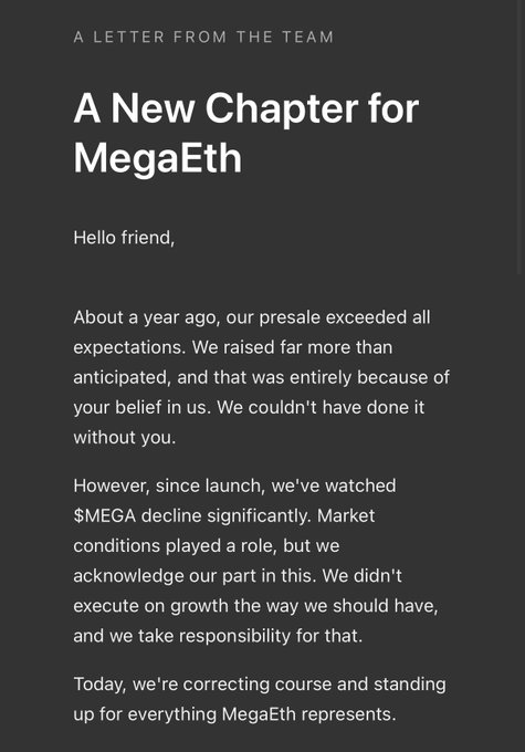 A letter from the MegaEth team titled 'A New Chapter for MegaEth', addressing declining $MEGA performance and taking responsibility for not executing on growth.