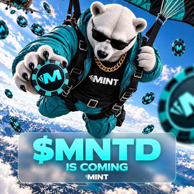 A promotional image for the cryptocurrency token $MNTD, featuring a bear mascot wearing sunglasses and a gold chain, holding a branded poker chip while skydiving.