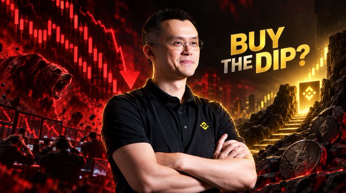 A YouTube thumbnail featuring a man in a black polo shirt (Binance/CZ style) with crossed arms against a dramatic red market crash background with the text 'BUY THE DIP?' and a Binance logo.