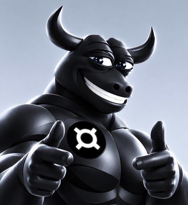 A 3D-rendered, muscular black bull character with a white grin gives two thumbs up, featuring a circular emblem on its chest.