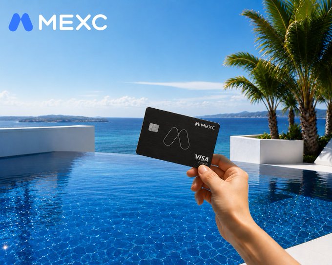 A promotional image for MEXC featuring the brand logo in the top left, showing a hand holding a black MEXC Visa credit card with an infinity-style design against a luxurious backdrop of a swimming pool, ocean, and palm trees.
