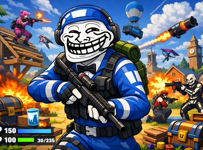 The image features a cartoon character, likely from the video game Fortnite, wearing blue clothing and holding a gun. The character has a funny expression on their face as they pose for the camera. In the background, there are other characters also dressed in blue clothing, possibly part of an adventure or battle scene within the game. The post includes text that reads "One day we will be playing games with !" and "I am pretty sure about that." This suggests a sense of excitement and anticipation surrounding the upcoming Fortnite experience.