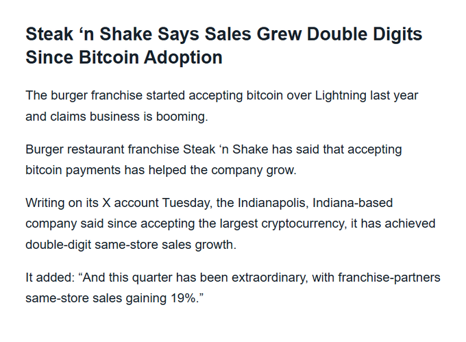 A news article headline reading 'Steak 'n Shake Says Sales Grew Double Digits Since Bitcoin Adoption', detailing the burger franchise's reported 19% same-store sales growth after accepting bitcoin via Lightning.