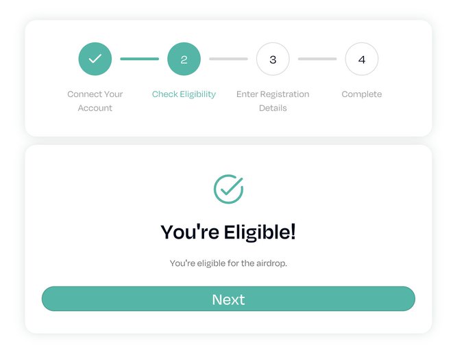 A registration interface shows four steps with 'Connect Your Account' completed (checkmark) and 'Check Eligibility' highlighted in teal, with a 'You're Eligible!' confirmation and 'Next' button below.