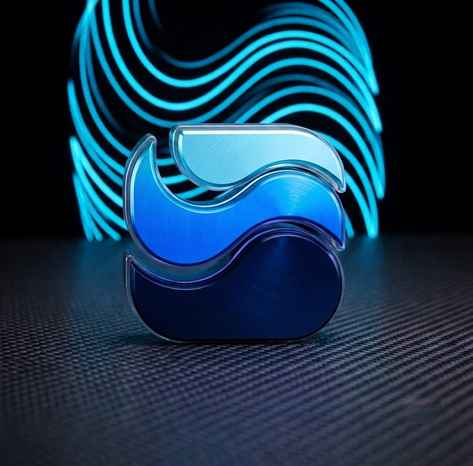 A stylized blue wave logo encased in clear glass sits on a textured carbon-fiber surface, with glowing cyan wave patterns radiating in the dark background—visually echoing the flowing, layered momentum described in the post about Riverdot Inc's expanding DeFi ecosystem (satUSD, omni-CDP, Vault) alongside community rewards from @River4fun.