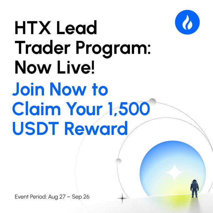 A promotional graphic for the **HTX Lead Trader Program**, now live, invites users to join and claim a **1,500 USDT reward**. The event runs **Aug 27–Sep 26** and highlights earning bonuses, cash rewards, traffic support, and **20 first-trade loss-protection slots**.