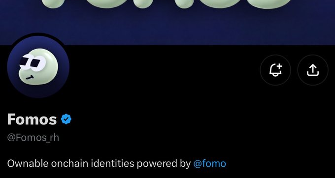 A Twitter/X profile page for "Fomos" (@Fomos_rh), featuring a green mascot logo and the bio "Ownable onchain identities powered by @fomo." The post promotes a free mint with a 1,680 supply, encouraging users to follow and stay updated on the project.