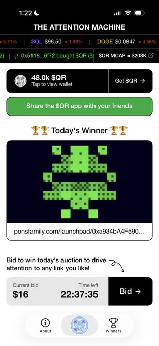 A screenshot of a mobile app called 'THE ATTENTION MACHINE' displaying a Space Invaders-style alien as 'Today's Winner' with a current bid of $16 and 22:37:35 time left, alongside crypto ticker information showing SOL at $96.50 and DOGE at $0.0847.