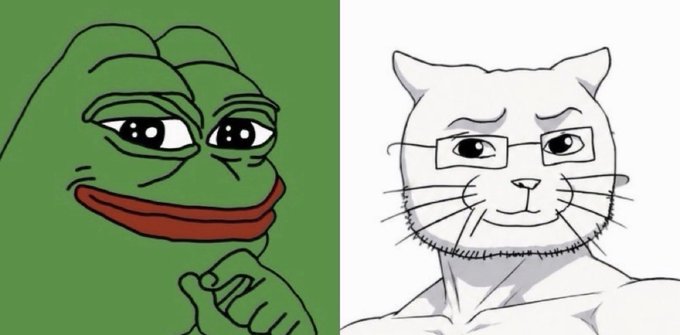 Side-by-side comparison of Pepe the Frog (left, in color) and Catjak the cat (right, line art), highlighting Matt Furie's two meme characters across Ethereum and Solana.