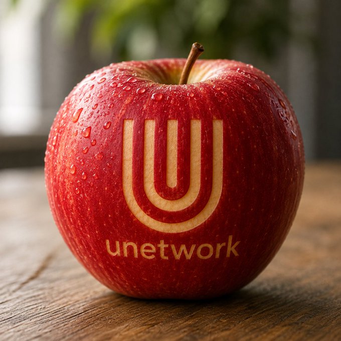 A red apple with water droplets sitting on a wooden surface, featuring the 'unetwork' logo and text carved into its skin.