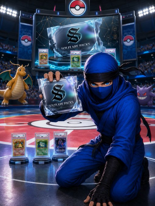 A ninja-like figure in blue kneels on a Pokémon-style arena stage, holding a "Solflare Packs" pack, with Dragonite and Gengar in the background and three PSA-graded Pokémon cards displayed in front. The image ties into the post by dramatizing Solflare's community-driven packs as a high-stakes, celebratory reveal for active members.