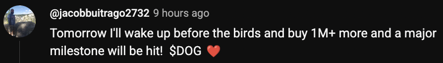 A social media post screenshot from user @jacobbuitrago2732, posted 9 hours ago, reading: 'Tomorrow I'll wake up before the birds and buy 1M+ more and a major milestone will be hit! $DOG ❤️'