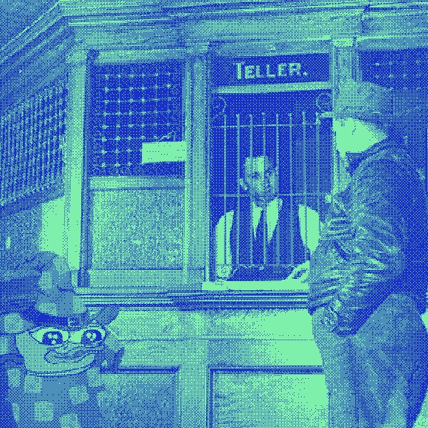Blue and green duotone stylized illustration of a bank teller window with a teller behind bars, a customer standing outside, and a small cartoon figure with big eyes in the corner.