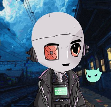 Anime-style robot character with an X on one eye, wearing a jacket, standing in an urban setting with a small green cat-like creature beside it.