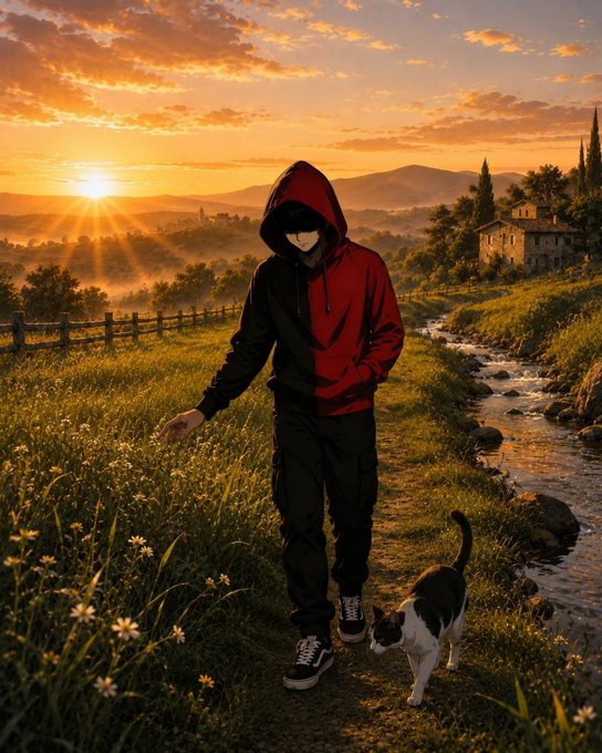 An artistic rendering of a hooded figure in a black and red jacket walking along a grassy path beside a stream at sunset, accompanied by a black and white cat.