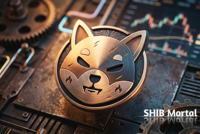 A bronze coin featuring the iconic Shiba Inu dog emblem rests on a mechanical, gear-filled surface with financial charts in the background, displaying the text "SHIB Mortal" in the lower right corner. The imagery reinforces the post's theme by portraying $SHIB as a battle-tested, enduring force in crypto—blending the meme coin's recognizable branding with industrial, steampunk elements that symbolize its resilience through multiple bear markets and its evolution into real technology via Shibarium.