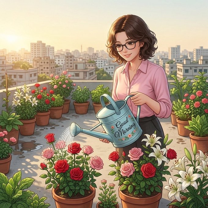 An anime-style illustration of a woman with glasses and a pink shirt watering roses and lilies on a rooftop garden with a city skyline in the background; her watering can reads 'Good Morning'.