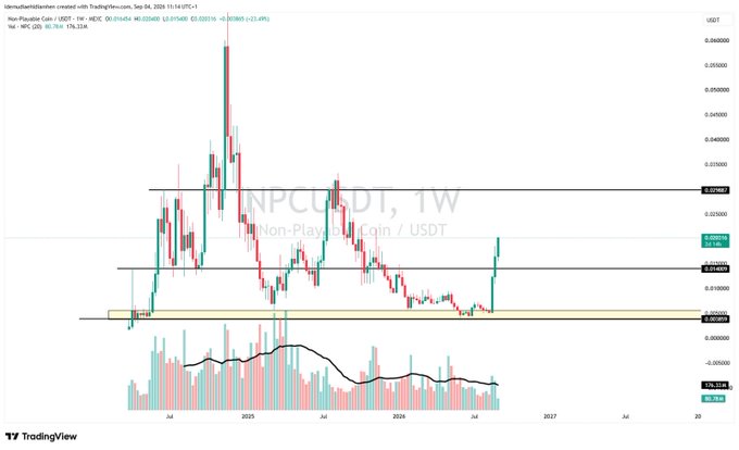 A TradingView weekly candlestick chart for Non-Playable Coin / USDT (NPCUSDT), showing price action between approximately $0.020 and $0.065 from 2025 to 2026, with volume bars and moving averages below.