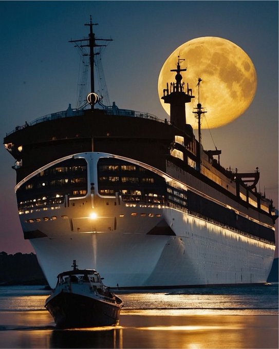 An artistic image of a large cruise ship sailing on the ocean at dusk, illuminated against a giant full yellow moon in the background, with a smaller boat in the foreground.