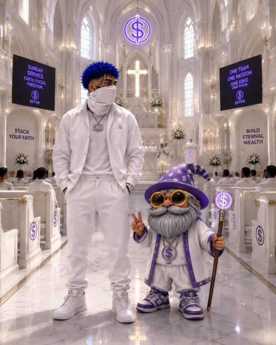 An AI-generated image depicting a man in white clothing with a blue dollar-sign cap standing next to a wizard-like figure dressed in purple and white dollar-sign attire inside a cathedral with '$STKR' signs reading 'STACK YOUR FAITH' and 'BUILD ETERNAL WEALTH'.