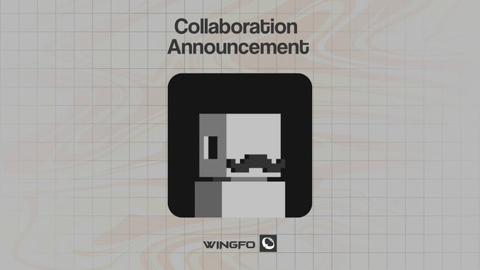 Graphic announcement card with 'Collaboration Announcement' text above a pixel-art icon and the WINGFO logo, set against a wavy pastel background with a grid overlay.