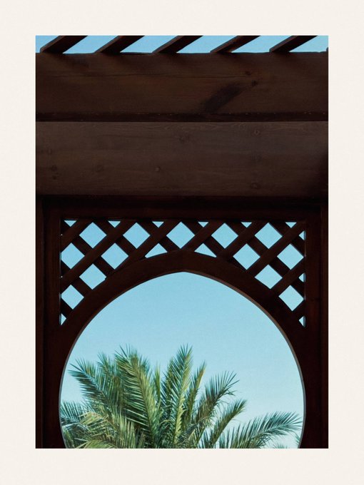 The image shows a view of a tropical location through an archway or window with a lattice design. The archway has a wooden frame that adds a rustic touch, while the lattice pattern allows for natural light to enter the space. In front of the archway is a palm tree, which further enhances the tropical ambiance. The image also contains text that reads "A View Into Paradise from my series Postcards from Hurghada on @exchgART 1/1 available for 1.145 SOL".