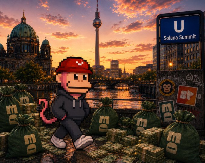 In the image, a man dressed as a monkey walks past an array of money bags filled with $500 bills, which are placed under a blue sign reading "U Solana Summit". The scene seems like an advertisement or promotion for a trip to Berlin, featuring the monkey character from a popular video game. A sign in the background indicates that MonkeDAO has just awarded funds worth $500 for anyone who is interested in joining this exciting journey. The text on the image emphasizes the connection between the man's appearance and the travel offer, creating an intriguing and engaging advertisement.