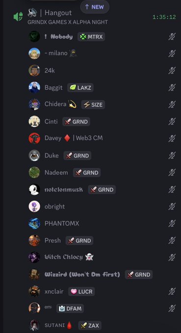 A Discord server member list titled 'Hangout' showing 'GRINDX GAMES X ALPHA NIGHT' with users including Nobody (MTRX), Baggit (LAKZ), Chidera (SIZE), Davey (Web3 CM), and various GRND-tagged members.