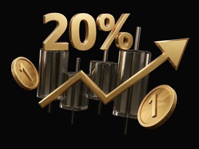 The image presents a 3D rendering of various golden coins (likely US dollar ones) as well as some graphs or lines with arrows pointing upwards. In the center of this abstract design, there's a gold percentage sign that reads "20%. Don't miss this opportunity to earn up to 20% APR while doing absolutely nothing." The graph on which this sign is attached features an arrow pointing upwards from left to right and another arrow pointing downwards towards the middle of the image. These arrows represent different rates or interest, and they seem to be moving in opposite directions, with one going up and the other down.