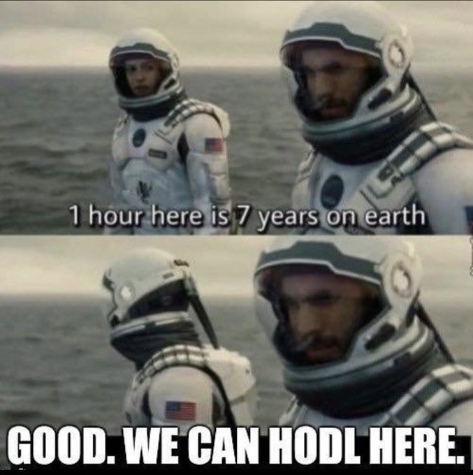 The image is a two-panel meme from *Interstellar* featuring astronauts in spacesuits, with the top panel captioned "1 hour here is 7 years on earth" and the bottom panel replying "GOOD. WE CAN HODL HERE." 

The post uses the meme to humorously suggest that XRP holders have found a "cheat code" for HODLing, as time on a distant planet (the crypto market) passes much slower than on Earth (real life), letting them endure long holding periods while life moves on.