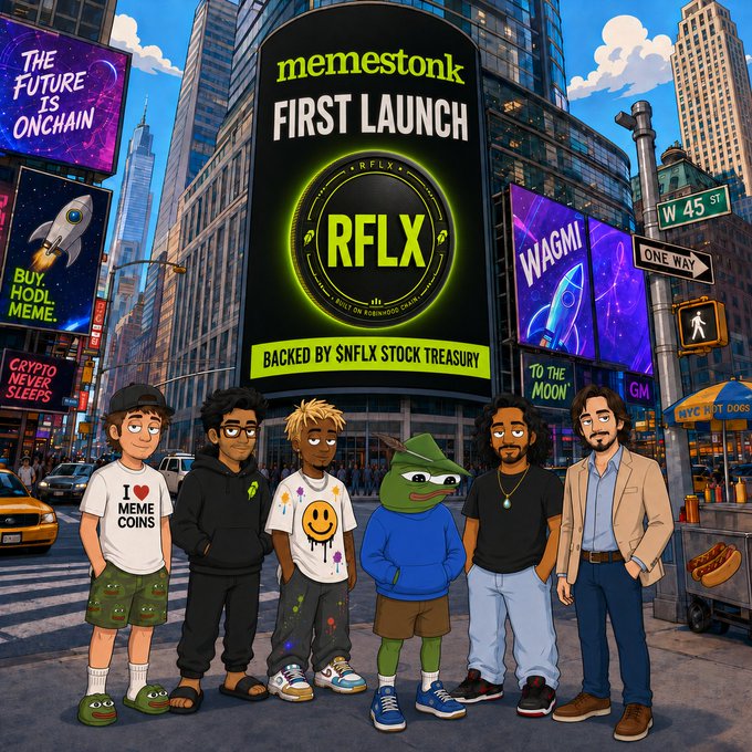 A cartoon-style illustration shows a group of six characters—including a Pepe the Frog figure—standing on a Times Square–style street beneath billboards advertising the "memestonk FIRST LAUNCH" of token ticker "RFLX," which is marked "backed by $NFLX stock treasury," alongside signs reading "THE FUTURE IS ONCHAIN," "BUY. HODL. MEME.," and "TO THE MOON." The image visually celebrates the team's debut project launching on Memestonk via Robinhood Crypto, matching the post's announcement about kicking off the "real show" with their new entertainment studio-backed meme coin.