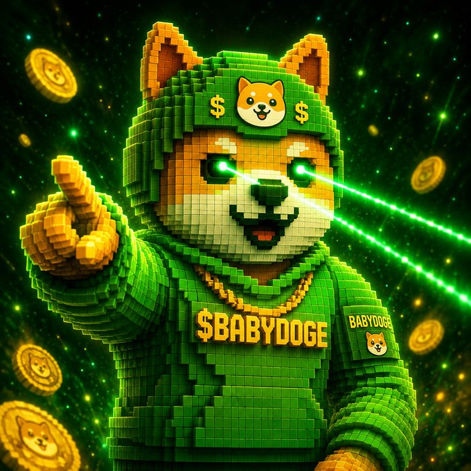 A pixelated Shiba Inu character in a green hoodie with '$BABYDOGE' text and a '$' logo on the hat, pointing forward with green laser eyes amid floating Dogecoin coins.