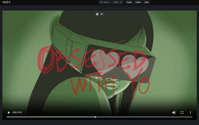 An animated green-tinted frame from a video player (objkt marketplace) showing an anime-style character in a VR headset, with red handwritten text 'OBSESSED WITH YO' and heart symbols.