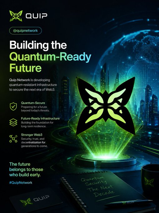 The image features an advertisement for Quip, which promotes Quantum Security. The poster displays a butterfly-shaped logo with a green glow, symbolizing the idea of building before problems arise or becoming aware of potential issues. The text on the poster emphasizes that Quip Network is working on developing solutions to address these challenges and mentions that they are tackling quantum security at an early stage.

The image also includes a book titled "Quantum Security" and a pen, suggesting that the content may be related to the field of Quantum Security or could be used for note-taking during discussions about it. The overall theme of the poster is focused on innovation in Web3 and the importance of addressing potential problems before they become apparent.