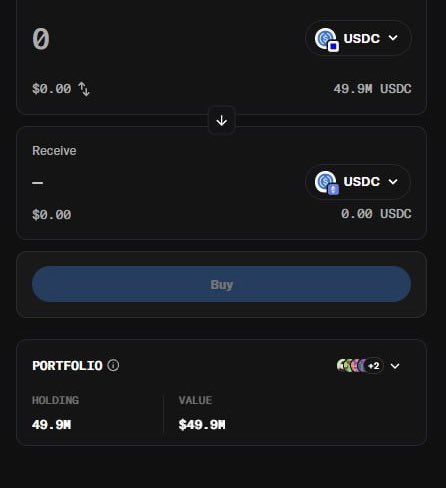 A crypto trading interface on Robinhood shows a zero balance swap screen with 49.9M USDC ready to buy $0.00 of USDC, with a portfolio holding valued at $49.9M. The screenshot humorously illustrates the poster's dramatic "last tweet ever" farewell before presumably cashing out their entire crypto holdings into USDC, with the "Buy" button greyed out highlighting their intent to convert everything to stablecoin.