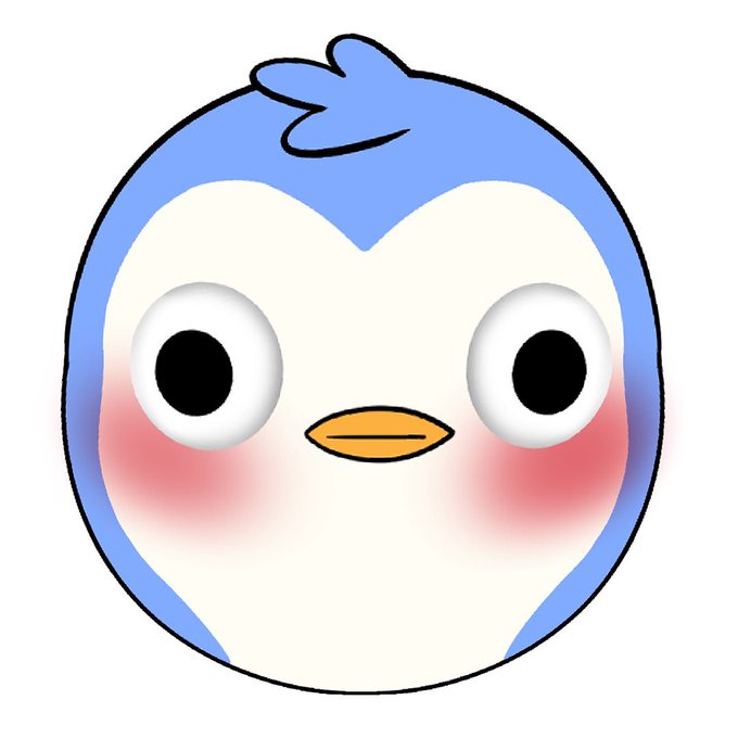 A cute cartoon penguin character with a blue head and body, white face, orange beak, rosy red cheeks, and wide round eyes.