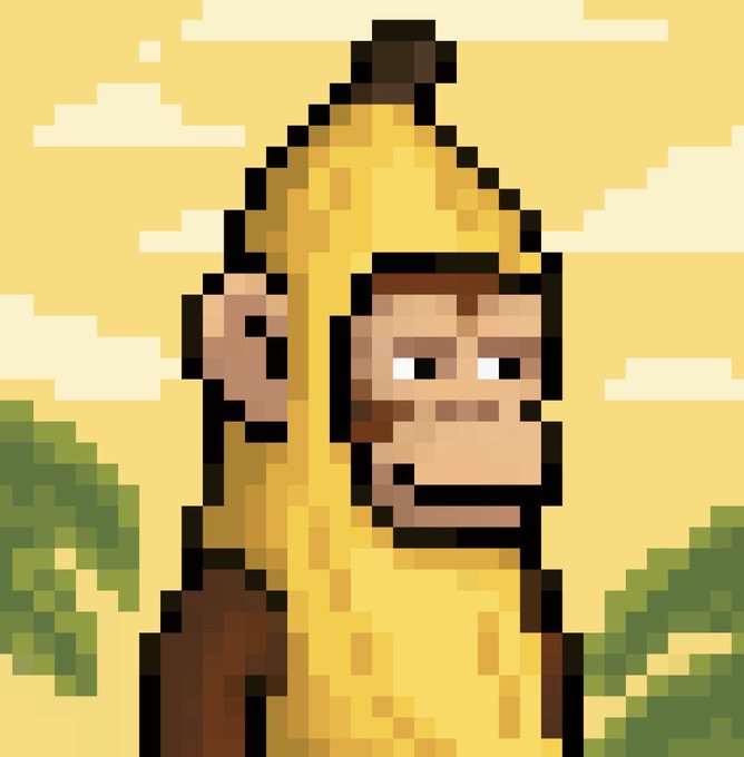 A pixelated, 8-bit style portrait of a character wearing a banana suit, styled like a classic "Jpeg Ape" NFT from the Bored Ape Yacht Club collection. The blocky, retro aesthetic fits perfectly with the post's call to share favorite "Jpeg Apes."