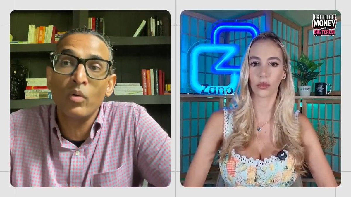 The image shows a split-screen video interview from the "Free the Money with BKI Teresi" podcast, featuring Rahul (likely from ZebPay) on the left against a bookshelf backdrop, and BKI Teresi on the right in front of a neon "Zano" sign and ZebPay merchandise. The caption relates to the discussion about India's crypto crackdown and Rahul's contrarian bet on ZebPay when others fled the market, highlighting how the worst-looking ideas can become the biggest opportunities.
