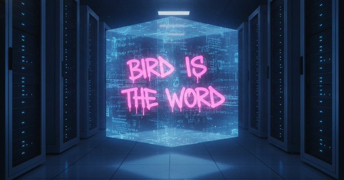 A digital art display in a server room showing the pink neon text 'BIRD IS THE WORD' on a glowing blue cube, referencing the internet meme.