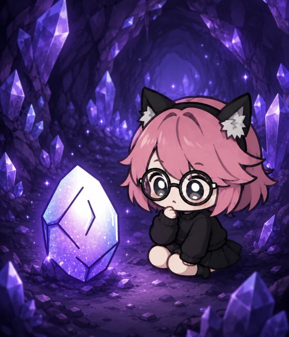 A chibi character with pink hair, cat ears, and round glasses gazes curiously at a glowing purple crystal in a dark, crystalline cave. The image reflects the post's theme of uncovering hidden "alpha"—the crystal symbolizes the rare, valuable knowledge members gain through the Alpha Channel, while the character's thoughtful pose mirrors the idea that true value lies beyond surface-level perks like whitelists.