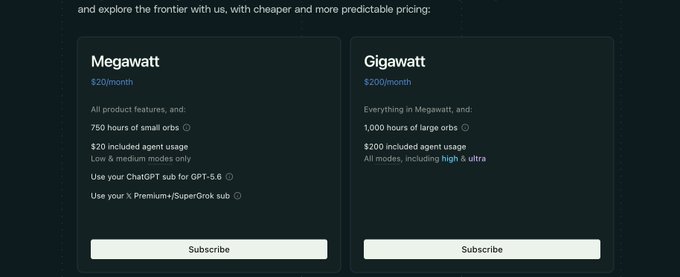 A pricing page displays two subscription tiers: "Megawatt" for $20/month with 750 hours of small orbs, and "Gigawatt" for $200/month with 1,000 hours of large orbs, each including agent usage.